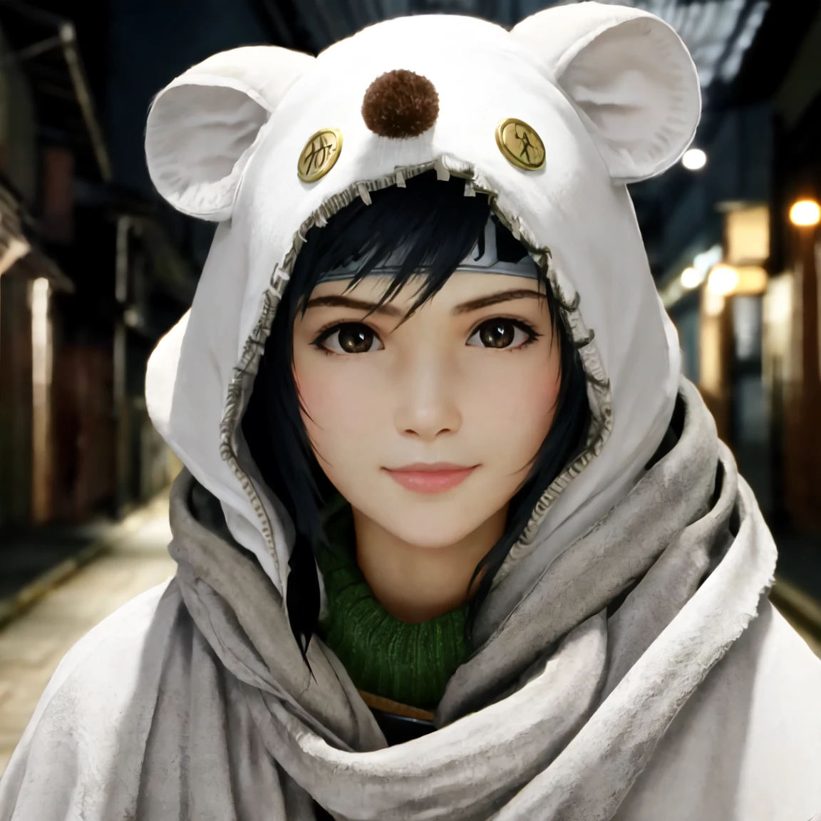 (yuffie_kisaragi, mooglesuit, animal hood, white cloak ),((a girl)),(16yo:1.3),hyperrealistic portrait,((Cowboy Shot)),sharp focus, depth of field ,blur background, bokeh ,Cinematic lighting,detailed face,random pose,touch hair,Half Smile,Midnight,((alley)),(photo realistic,perfect anatomy:1.3),(hyper detailed, masterpiece:1.2), best quality,RAW photo, exquisite, beautiful 