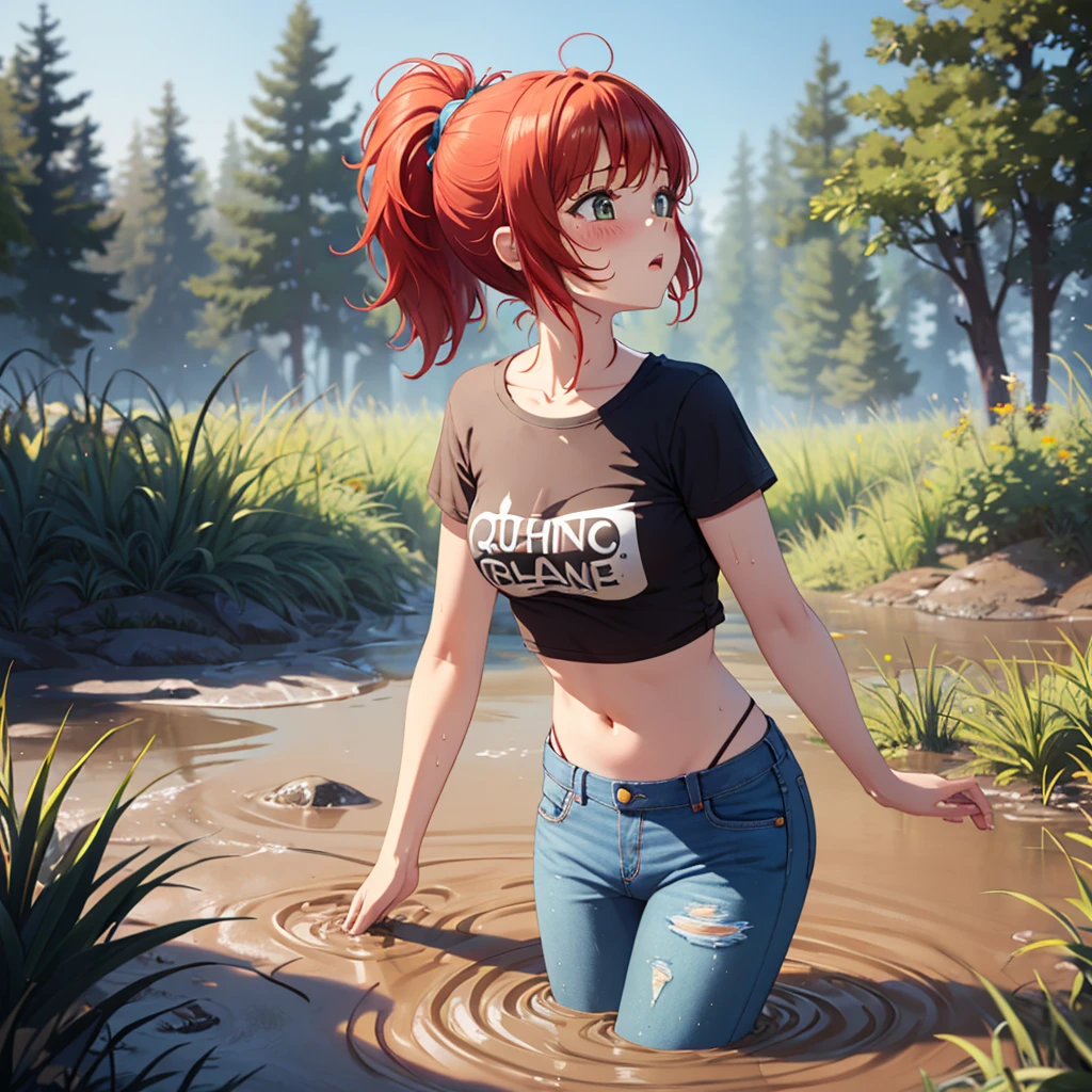 1girl, solo:2.0, masterpiece, beautiful detailed girl, blush, drowning in mud, bog, grass, trees, muck, orgasm, headback, Solo, From Side, wearing tshirt, jeans, red hair in ponytail, quicksand:1.4, stuck, struggling, torso, 