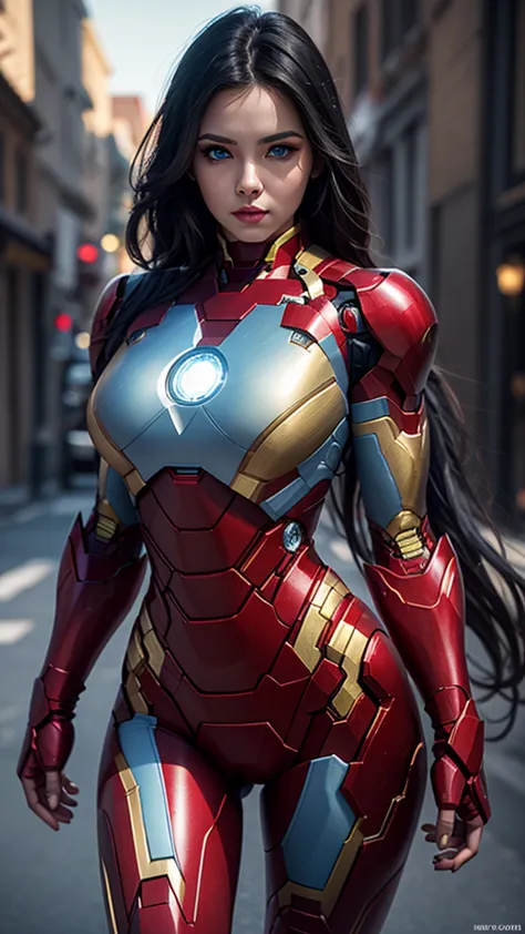 woman cosplays as iron man, european woman face, sexy woman, curvy body, woman 3, posing at full height , big breasts, divine fa...