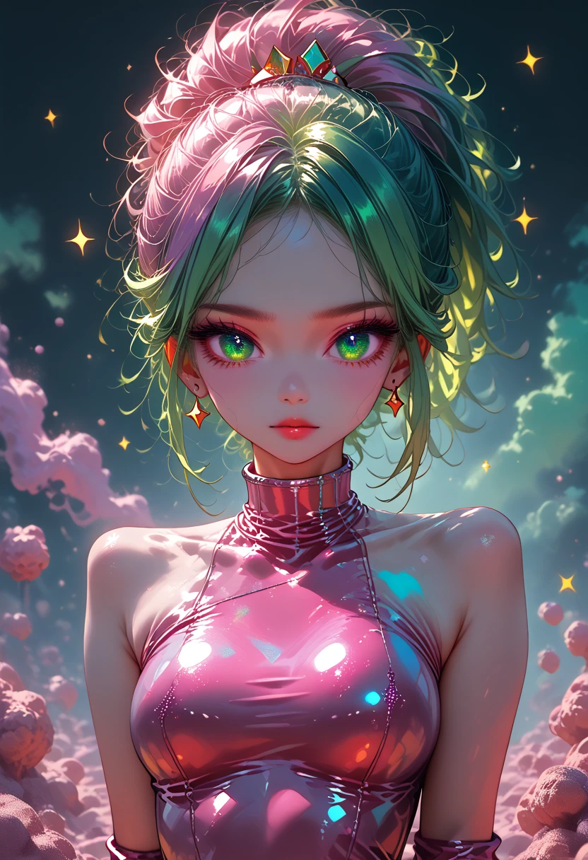 Young woman, anime, sexy, One Full Growth in Latex,  sparkles, Pink Green Hair, posing, on the Background Cyber Punk Sewer, in the Fog and Green Haze, Glitter Dust, dynamic shadows, masterpiece, bright colors, Shimmers, clear details, beautiful appearance, Wide Format Image, score_9, score_8_up,score_7_up, masterpiece, best quality, perfect anatomy, very aesthetic, official art, 8k