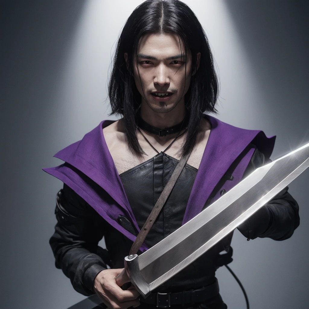 Man with pale skin and sharp teeth, long black  hair, purple poisoned blade sword