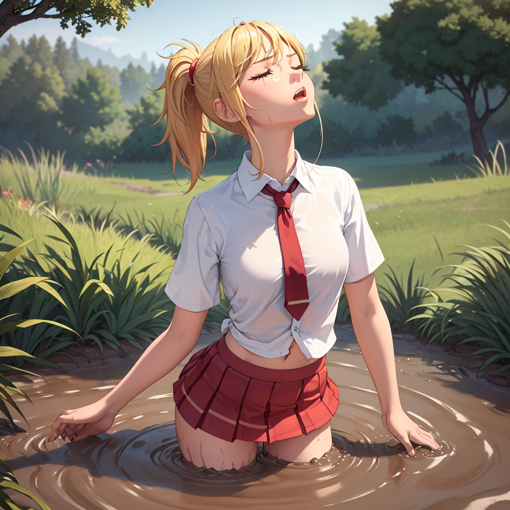 Solo girl, masterpiece, highly detailed, sweet blonde girl, 1 girl, muddy, dirty, ponytail hair, drowning in quicksand, mud, swamp, bog, grass, trees, white blouse, red miniskirt, (orgasm:1.5), (looking up:1.3), (eyes closed:1.4), wading up to her torso in quicksand, (from side:1.4)