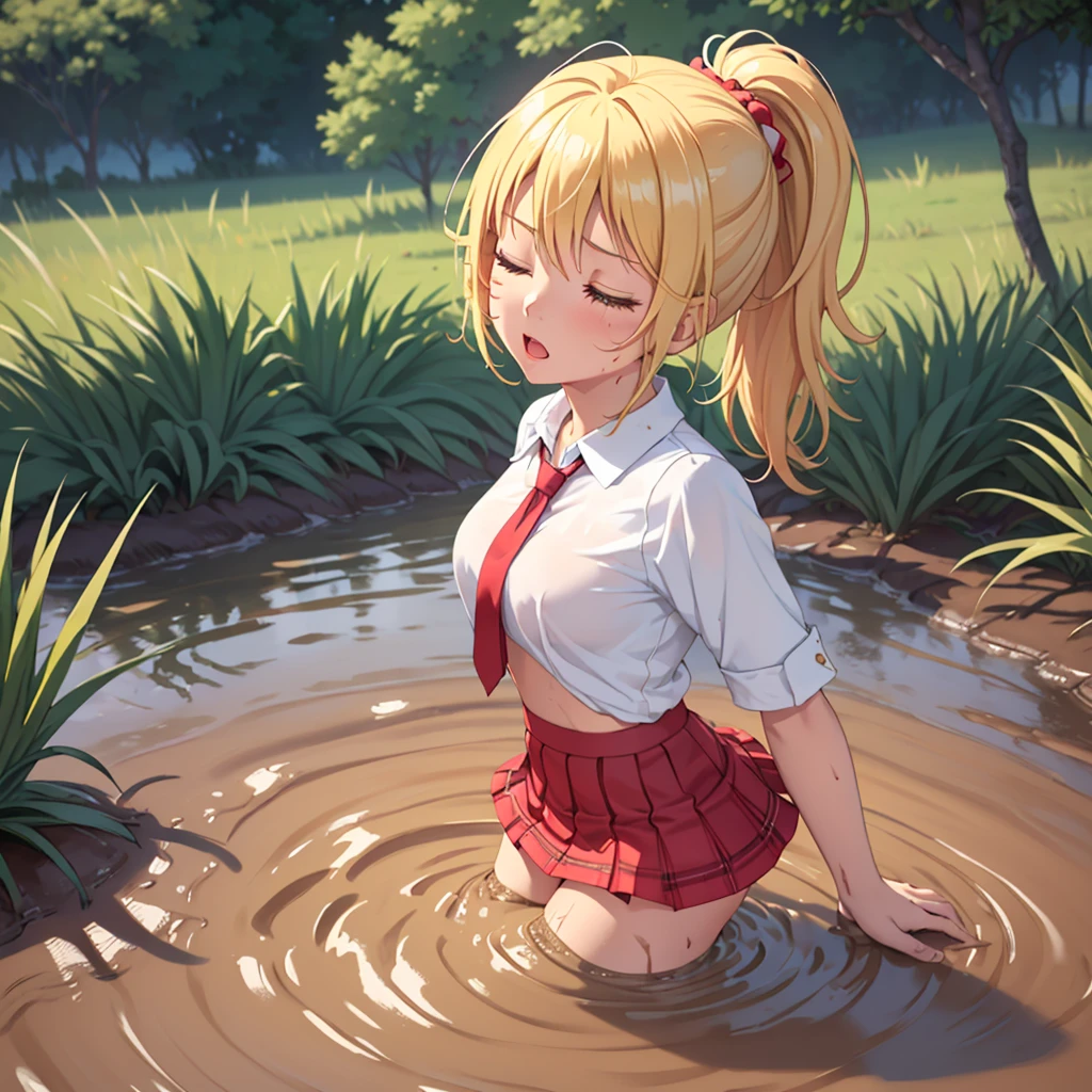 Solo girl, masterpiece, highly detailed, sweet blonde girl, 1 girl, muddy, dirty, ponytail hair, drowning in quicksand, mud, swamp, bog, grass, trees, white blouse, red miniskirt, (orgasm:1.5), (looking up:1.3), (eyes closed:1.4), wading up to her torso in quicksand, (from side:1.4)