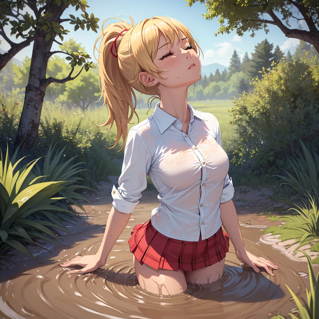 Solo girl, masterpiece, highly detailed, sweet blonde girl, 1 girl, muddy, dirty, ponytail hair, drowning in quicksand, mud, swamp, bog, grass, trees, white blouse, red miniskirt, (orgasm:1.5), (looking up:1.3), (eyes closed:1.4), wading up to her torso in quicksand, (from side:1.4)