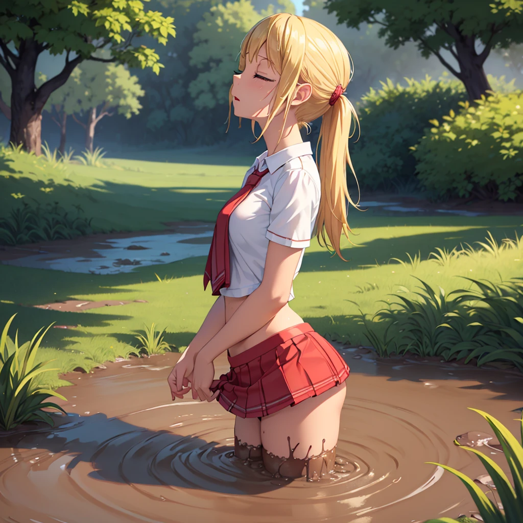 Solo girl, masterpiece, highly detailed, sweet blonde girl, 1 girl, muddy, dirty, ponytail hair, drowning in quicksand, mud, swamp, bog, grass, trees, white blouse, red miniskirt, (orgasm:1.5), (looking up:1.3), (eyes closed:1.4), wading up to her torso in quicksand, (from side:1.4)