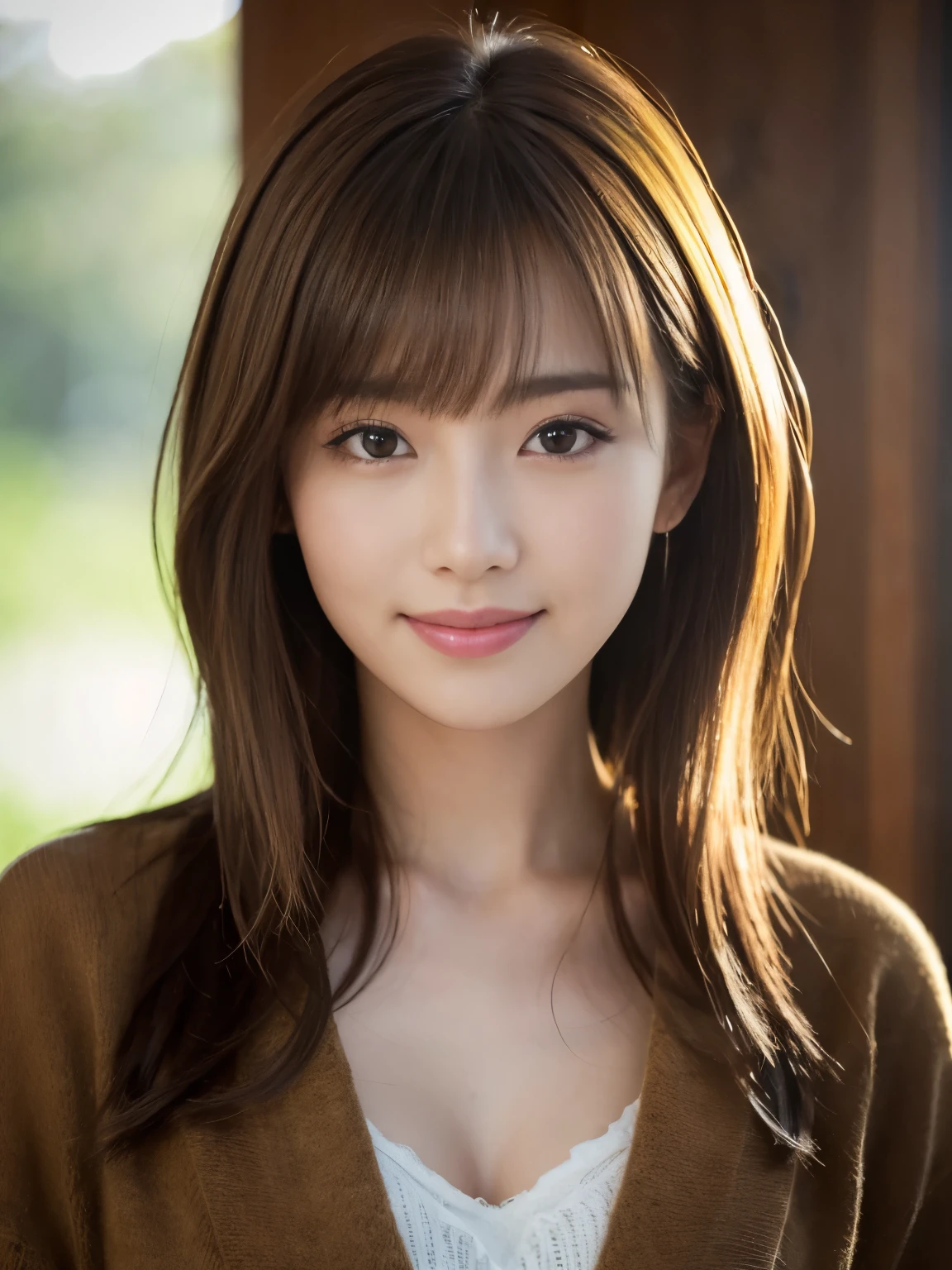 (highest quality,8K quality,masterpiece:1.3),(ultra high resolution,photorealistic:1.4,Live shooting),(Super detailed,caustics),(ultra-realistic capture,Beautifully detailed skin),1,beautiful Japanese, medium hair, messy hair, asymmetrical bangs, brown hair, Smiling and looking at the camera,soft light,A ray of light shining from above,Natural light,