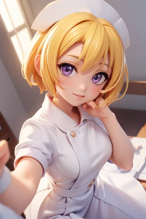 (satoko hojo), 1 female, alone, yellow hair, blonde, purple eyes, short hair, flat chest, , (wearing white nurse clothes:1.2), n...