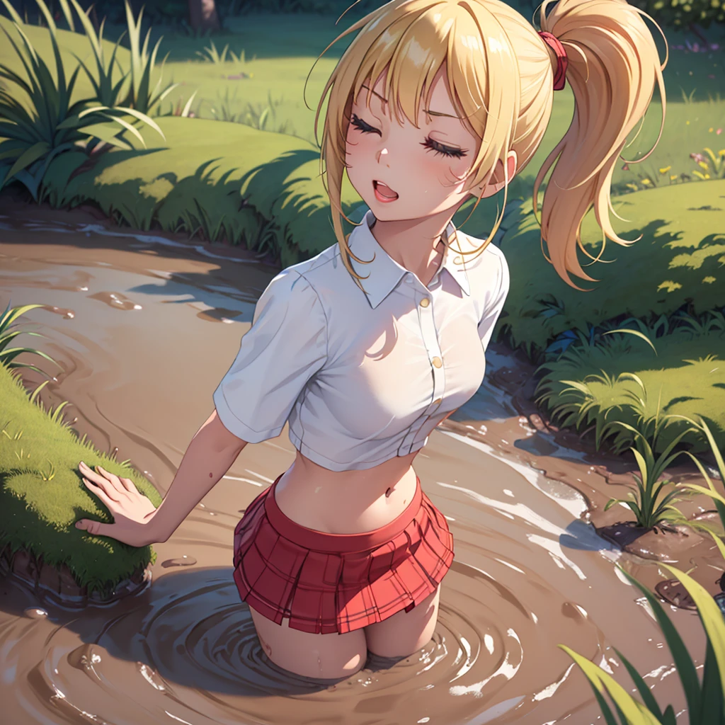 Solo girl, masterpiece, highly detailed, sweet blonde girl, 1 girl, muddy, dirty, ponytail hair, drowning in quicksand, mud, swamp, bog, grass, trees, white blouse, red miniskirt, (orgasm:1.5), (looking up:1.3), (eyes closed:1.4), wading up to her torso in quicksand, (from side:1.4)