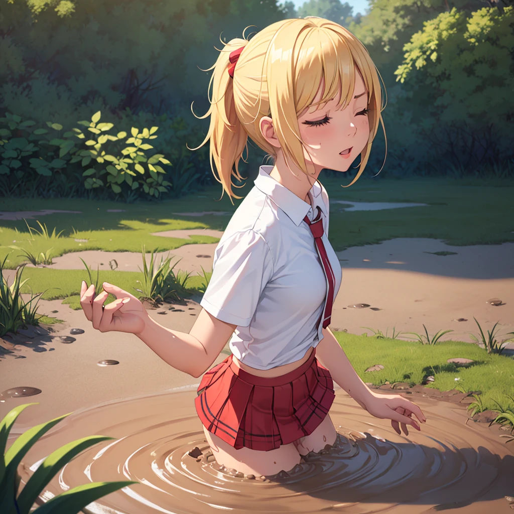 Solo girl, masterpiece, highly detailed, sweet blonde girl, 1 girl, muddy, dirty, ponytail hair, drowning in quicksand, mud, swamp, bog, grass, trees, white blouse, red miniskirt, (orgasm:1.5), (looking up:1.3), (eyes closed:1.4), wading up to her torso in quicksand, (from side:1.4)