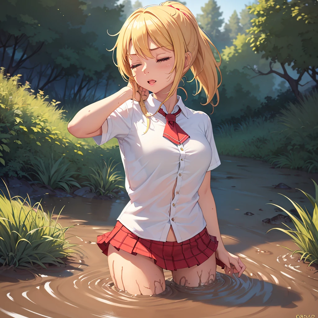 Solo girl, masterpiece, highly detailed, sweet blonde girl, 1 girl, muddy, dirty, ponytail hair, drowning in quicksand, mud, swamp, bog, grass, trees, white blouse, red miniskirt, (orgasm:1.5), (looking up:1.3), (eyes closed:1.4), wading up to her torso in quicksand, (from side:1.4)