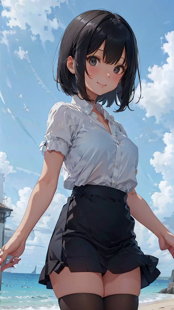 Black short bob、Cute Smile、Cola in a glass with ice、Cute white button-down blouse、The blue bra is showing through、Blue Skirt、Skirt rolled up in the wind、Cute white underwear、Sandy beach, sea and night sky