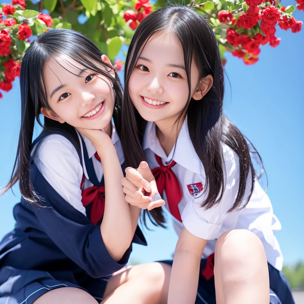 (RAW Photos, Highest quality), (Realistic, Like the picture: 1.3),Accurate Fingers,Three Women,summer,blue sky,Red sunlight, School,Schoolyard,high school girl,school uniform,Laughter,Showing teeth,Vision,Black Hair,Bob Hair,whole body