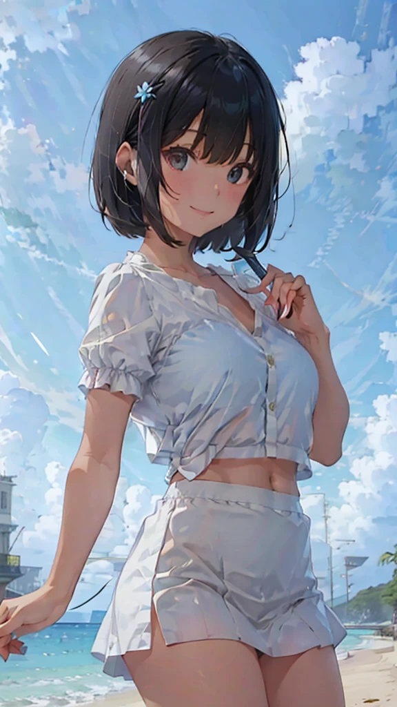 Black short bob、Cute Smile、Cola in a glass with ice、Cute white button-down blouse、The blue bra is showing through、Light blue flared skirt、The skirt is blown up by the wind、Cute white underwear、Sandy beach, ocean and Milky Way Galaxy