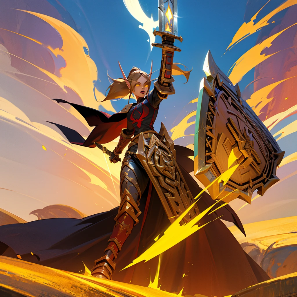 (high quality:1.1), cinematic lighting, extremely detailed, LadyLiadrin, elf, 1girl, solo, full body, running, (holding sword, holding shield:1.2), huge sword, looking at viewer, determined, teeth, long pointy ears, light brown hair, ponytail, eyebrows, yellow eyes, (colored sclera:1.1), glowing, jewelry, red armor, gold trim, pauldrons, gauntlets, black tabard, tabard print, pelvic curtain, greaves, armored boots, holding up sword, holy light glowing around sword,