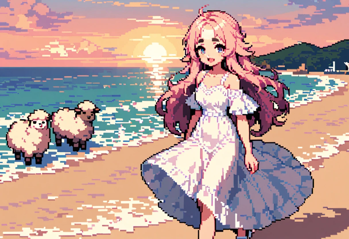 masterpiece, Highest quality, 8k, \(Pixel art, Vivid, Highest quality\), \((One person)), (young woman, Open your mouth, Fluffy hair, Long Hair, Hair like sheep's hair, Pink Hair, eyebrow, 太いeyebrow, White dress, Straw hat, High heel sandals\), (Highest quality:1.0), (\Seaside, Walking on the beach, evening\), One Alpaca