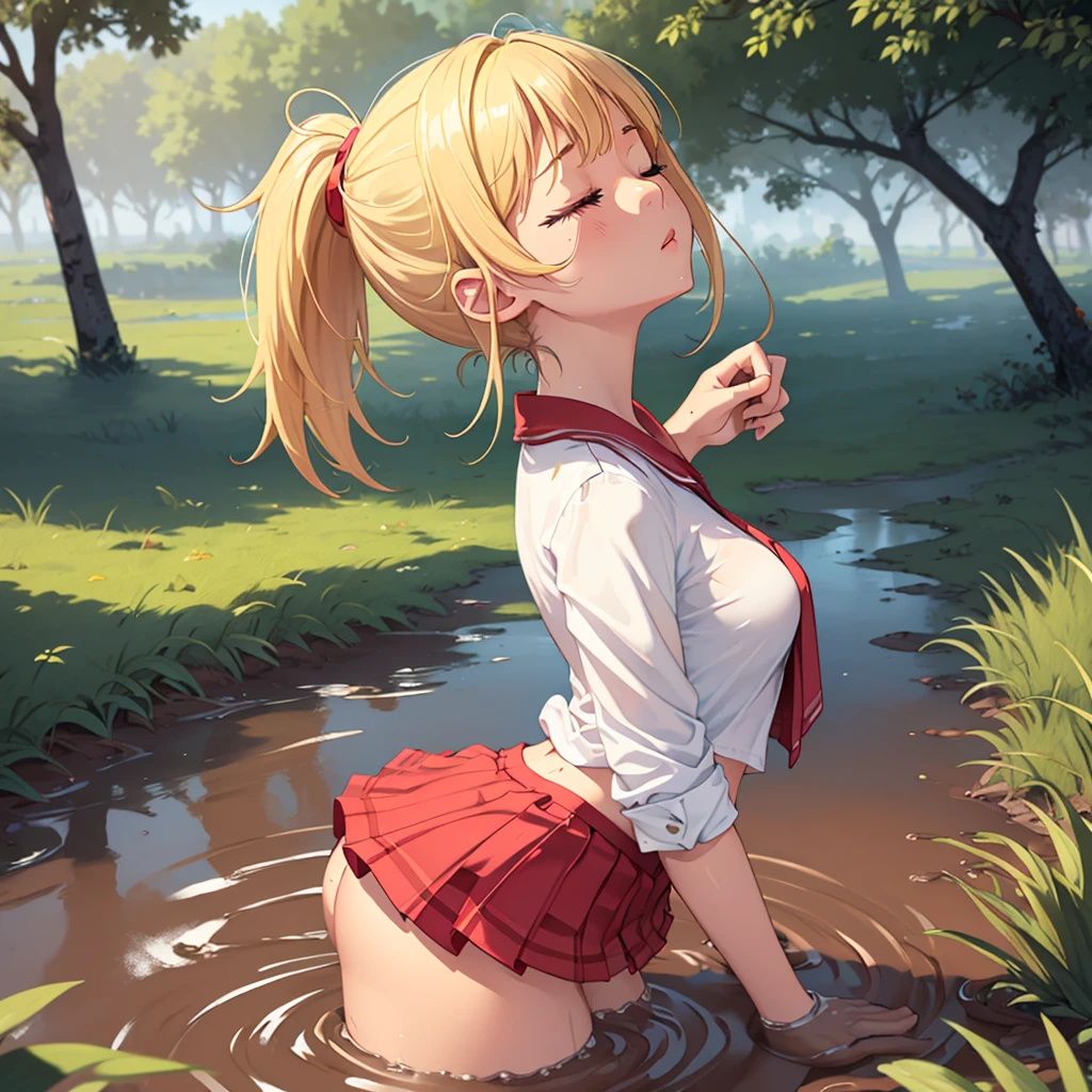 Solo girl, masterpiece, highly detailed, sweet blonde girl, 1 girl, muddy, dirty, ponytail hair, drowning in quicksand, mud, swamp, bog, grass, trees, white blouse, red miniskirt, (orgasm:1.5), (looking up:1.3), (eyes closed:1.4), wading up to her torso in quicksand, (from side:1.4)