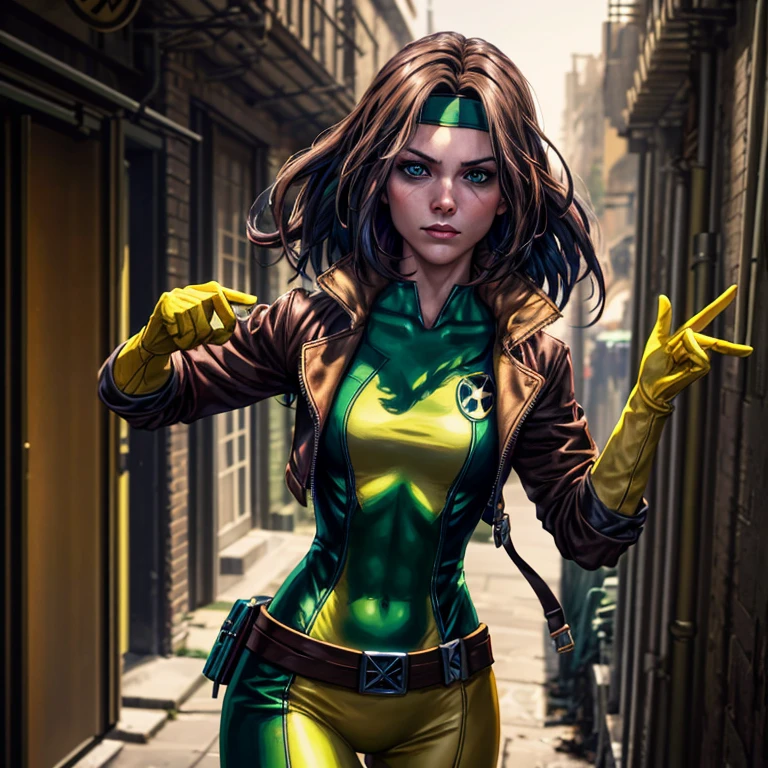 (Dark shot: 1.1), Epic realistic,Evangeline Lily cos-play as Rogue from X-Men, lone woman, exuding beauty and seriousness, piercing green eyes, cascading dark brown hair with a single white streak, adorned with a green headband, clad in a judgement-day green and yellow bodysuit, topped with a jacket and cinched with a belt, matching yellow gloves revealed as she opens her jacket, enveloped in the mystery of a dark alley, meticulously crafted by renowned artists Greg Rutkowski and artgerm. Soft cinematic light bathes the scene, filtered through Adobe Lightroom and further refined in a darkroom or using