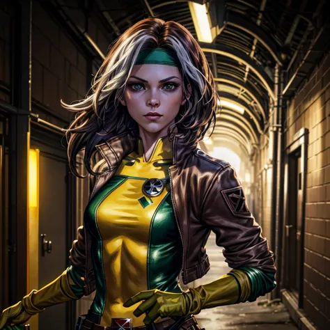 (dark shot: 1.1), epic realistic,evangeline lily cos-play as rogue from x-men, lone woman, exuding beauty and seriousness, pierc...