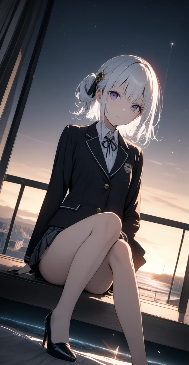 one,((school uniform、hair ornaments、Black nail polish、Black high heels))、(The setting is that she wears thongs)、(White hair color、Silver inner color hairstyle), Beautiful Hair, Facial Contour, Remember, Hotel, moonlight、splash, Lens flare,, Natural Color, High resolution, Very delicate, Very detailed, 8k,、Shyness,((Sexual))、Sitting on the bed、View from high heels、View angle from below