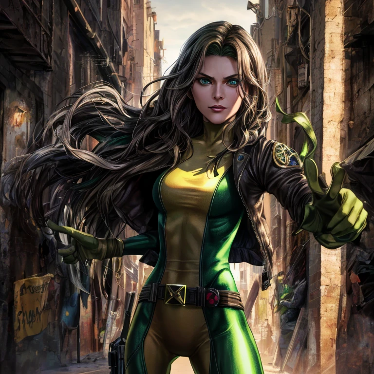 (Dark shot: 1.1), Epic realistic,Evangeline Lily cos-play as Rogue from X-Men, lone woman, exuding beauty and seriousness, piercing green eyes, cascading dark brown hair with a single white streak, adorned with a green headband, clad in a judgement-day green and yellow bodysuit, topped with a jacket and cinched with a belt, matching yellow gloves revealed as she opens her jacket, enveloped in the mystery of a dark alley, meticulously crafted by renowned artists Greg Rutkowski and artgerm. Soft cinematic light bathes the scene, filtered through Adobe Lightroom and further refined in a darkroom or using