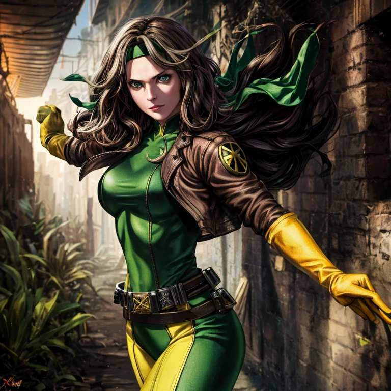 (Dark shot: 1.1), Epic realistic,Evangeline Lily cos-play as Rogue from X-Men, lone woman, exuding beauty and seriousness, piercing green eyes, cascading dark brown hair with a single white streak, adorned with a green headband, clad in a judgement-day green and yellow bodysuit, topped with a jacket and cinched with a belt, matching yellow gloves revealed as she opens her jacket, enveloped in the mystery of a dark alley, meticulously crafted by renowned artists Greg Rutkowski and artgerm. Soft cinematic light bathes the scene, filtered through Adobe Lightroom and further refined in a darkroom or using