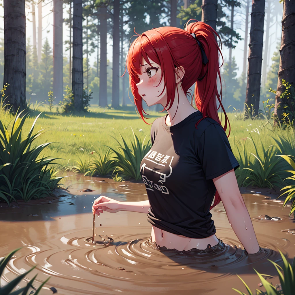 1girl, solo:2.0, masterpiece, beautiful detailed girl, blush, drowning in mud, bog, grass, trees, muck, orgasm, headback, Solo, From Side, wearing tshirt, red hair in ponytail, quicksand:1.4, stuck, struggling, torso, 