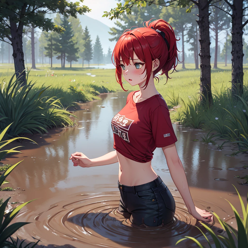 1girl, solo:2.0, masterpiece, beautiful detailed girl, blush, drowning in mud, bog, grass, trees, muck, orgasm, headback, Solo, From Side, wearing tshirt, red hair in ponytail, quicksand:1.4, stuck, struggling, torso, 