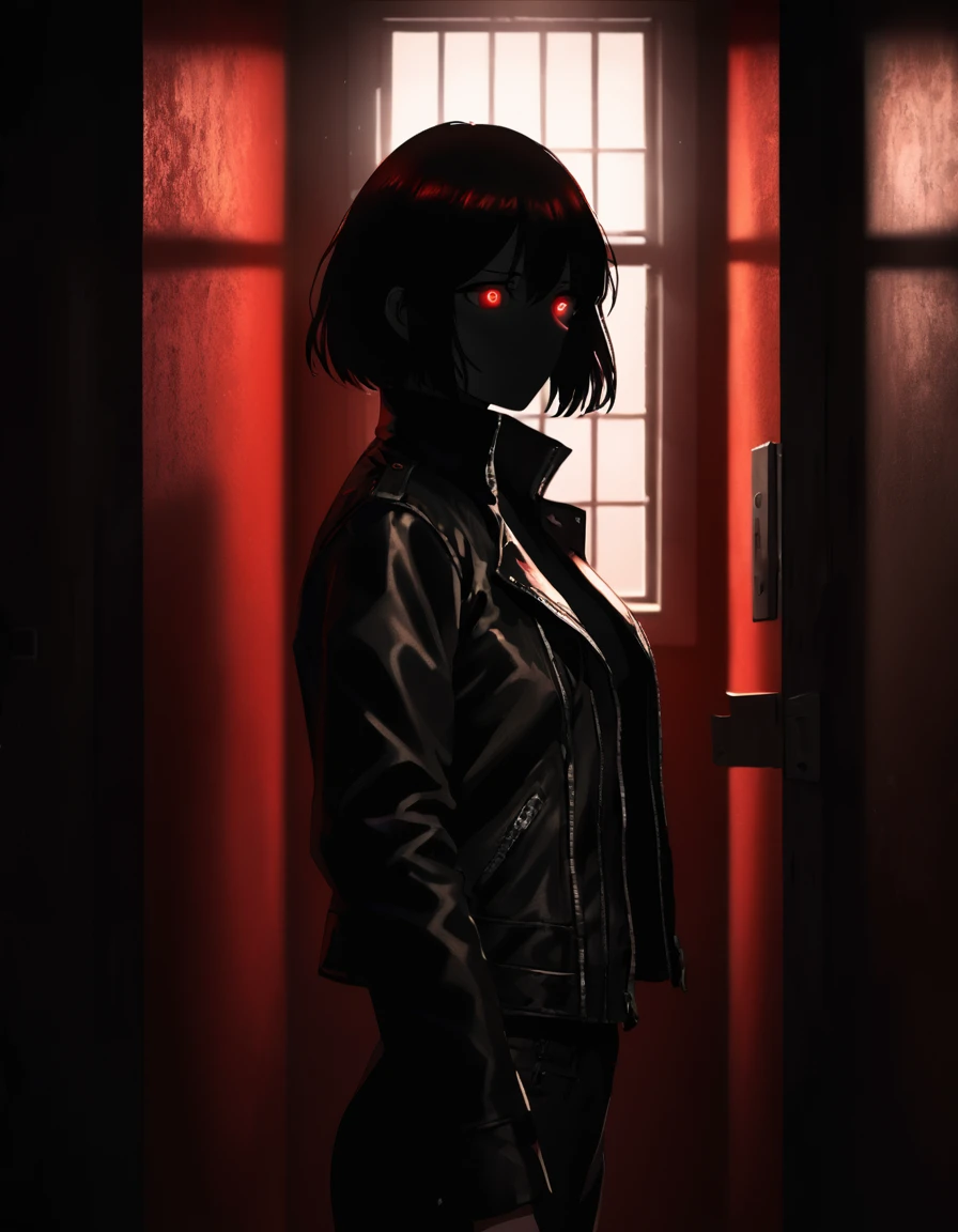 Anime girl with (short black hair:1.1), black turtleneck long sleeve, black format pants, leather jacket with zipper, (silhouetted against a red, window-lit hallway:1.3), mysterious aura, dramatic shading, high contrast, intense and somber mood, (text overlay: ".is you.":1.1), psychological thriller vibe, serious face, traumatized, (shadowed face with a hint of light on eyes:1.2), suspenseful atmosphere. interrogation room,