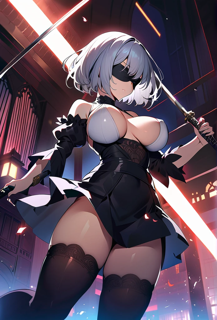 2B Nier Automata,masterpiece, 最high quality, High resolution,  Black clothes 、Black Pantyhose、Dark church at night、Wear a miniskirt、Thin legs、Big Breasts、Slim figure、high quality　CG Tone、Gray Hair、Black blindfold、Short Bob、stylish、Japanese sword、Clothes get torn, action scene, battle scene