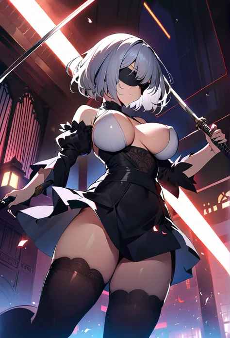 2b nier automata,masterpiece, 最high quality, high resolution,  black clothes 、black pantyhose、dark church at night、wear a minisk...