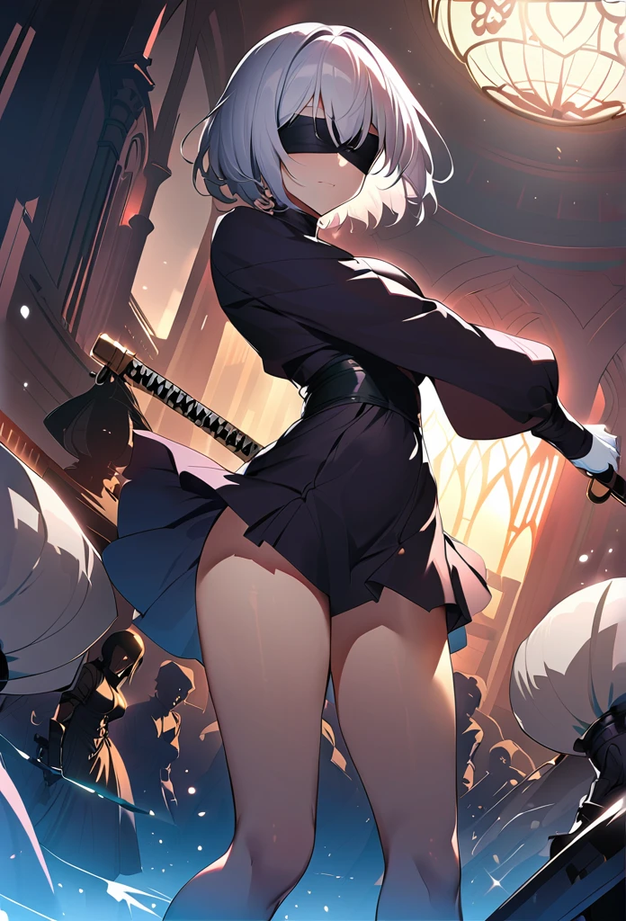 2B Nier Automata,masterpiece, 最high quality, High resolution,  Black clothes 、Black Pantyhose、Dark church at night、Wear a miniskirt、Thin legs、Big Breasts、Slim figure、high quality　CG Tone、Gray Hair、Black blindfold、Short Bob、stylish、Japanese sword、Clothes get torn, action scene, battle scene