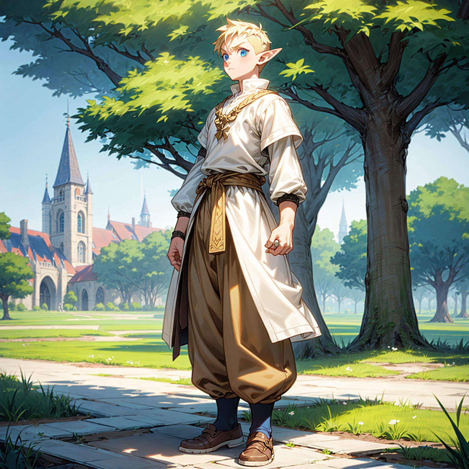 Solo character, full body version, kid boy, big muscle, (elf), blue eyes, blonde color hair, undercut hair, casual clothing, white color clothing, brown long pants, shoes, outdoor, park, village, medieval, standing gesture, detailed background, detailed clothing, detailed hair, (one piece style art)