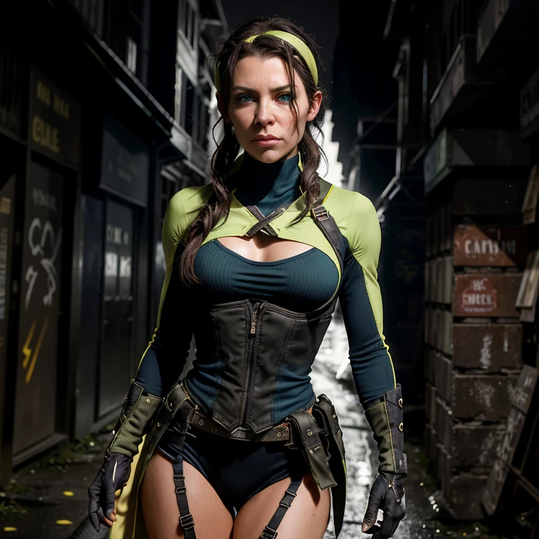 (Dark shot: 1.1), Epic realistic,Evangeline Lily cos-play as Rogue from X-Men, lone woman, exuding beauty and seriousness, piercing green eyes, cascading dark brown hair with a single white streak, adorned with a green headband, clad in a judgement-day green and yellow bodysuit, topped with a jacket and cinched with a belt, matching yellow gloves revealed as she opens her jacket, enveloped in the mystery of a dark alley, meticulously crafted by renowned artists Greg Rutkowski and artgerm. Soft cinematic light bathes the scene, filtered through Adobe Lightroom and further refined in a darkroom or using