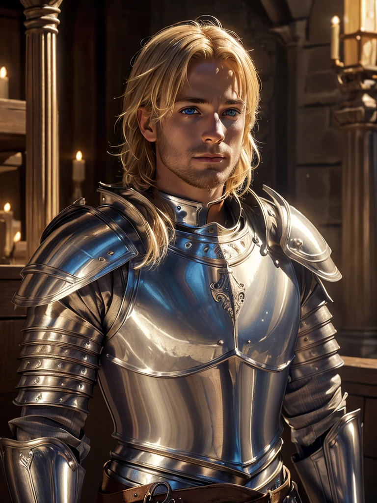 (highly detailed, detailed eyes, soft light, photorealistic, realistic light; cinematic) gorgeous 2 male medieval knight with blond hair wearing full-plate armor looking over his shoulder with longing, looking at camera, expression of vulnerable longing.