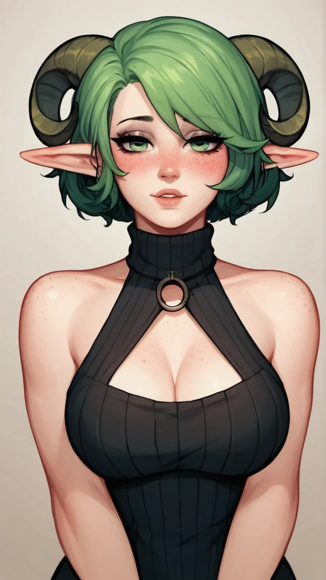 score_9, score_8_up, score_8, 1girl, milf, solo, dark green hair, short hair, ornamental hair, green eyes, pale skin girl, pale skin, freckles, turtleneck, bare shoulders, blush, elf ear, sheep horn, circled horn, big , seductive, sexy_woman, black dress, goth, green fox tail, breasts expansion