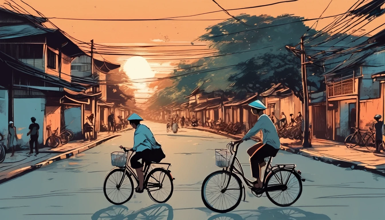 two people, silhoettes, cycling in the street Hà Nội, sunset, fine brush lines,  jsmn style 