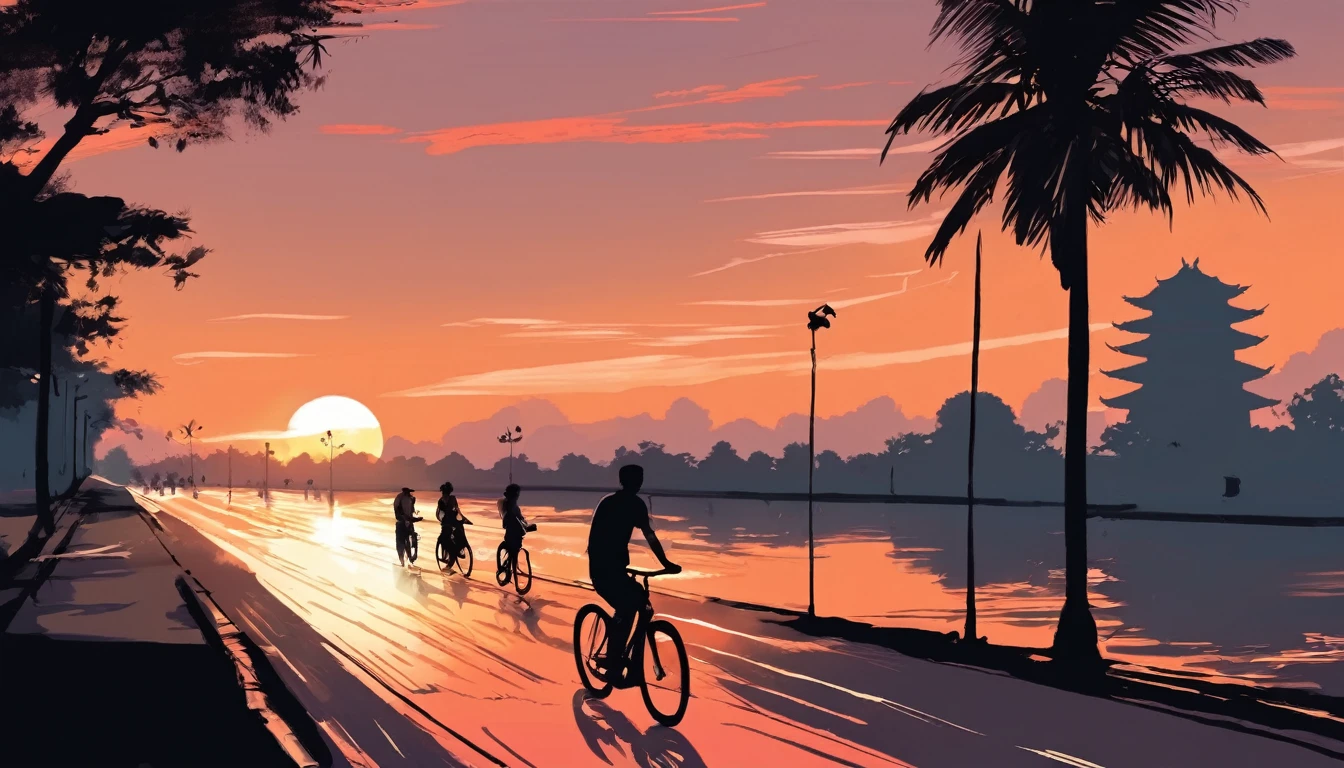 two people, silhoettes, cycling in the street Hà Nội, sunset, fine brush lines,  jsmn style 