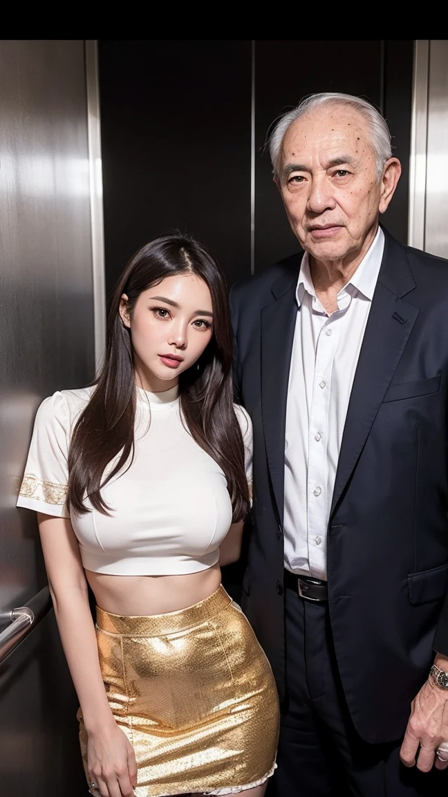 2boys, oldman, Photo of a young asian woman (sandwiched between two old guys), 1girl wearing crop business suit, big , thigh skirt , threesome, in a crowded elevator, detailed character design (masterpiece, photorealistic:1.2), high quality, intricate details, highly detailed background, 8k