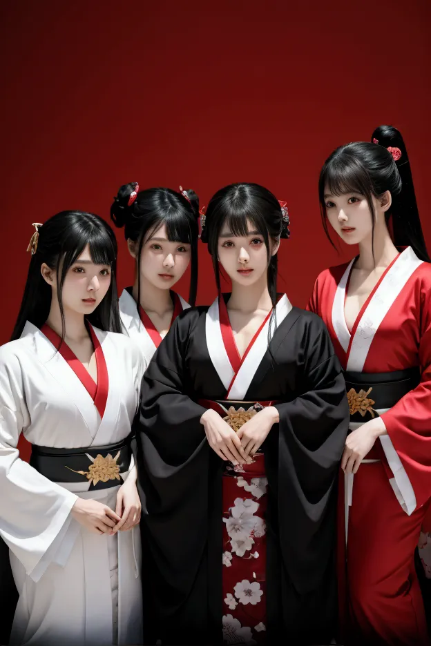 a group of asian 5 girls with white mask without designs, black and red kimono, semi-realistic style, good quality, no nsfw, bac...