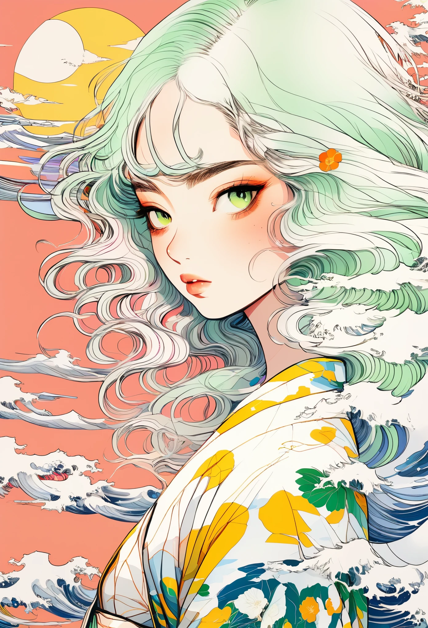 A mesmerizing surreal illustration of a young japanese woman. She has pastel green hair with blunt bangs, yellow eyes, and wears a vibrant pastel colored outfit adorned with intricate floral patterns. Freckles dot her smooth, warm complexion, and bold, colorful tattoos cover her arms and legs. The tattoos feature traditional Japanese motifs like flowers and mythical creatures, rendered with meticulous detail in a pastel color palette. The background is a vintage floral-patterned wallpaper that complements the artwork's colors. The line work is precise, with delicate shading that gives the illustration a 3D quality. The artwork fuses modern illustration techniques with traditional Japanese aesthetics, resulting in a visually striking, portrait,
