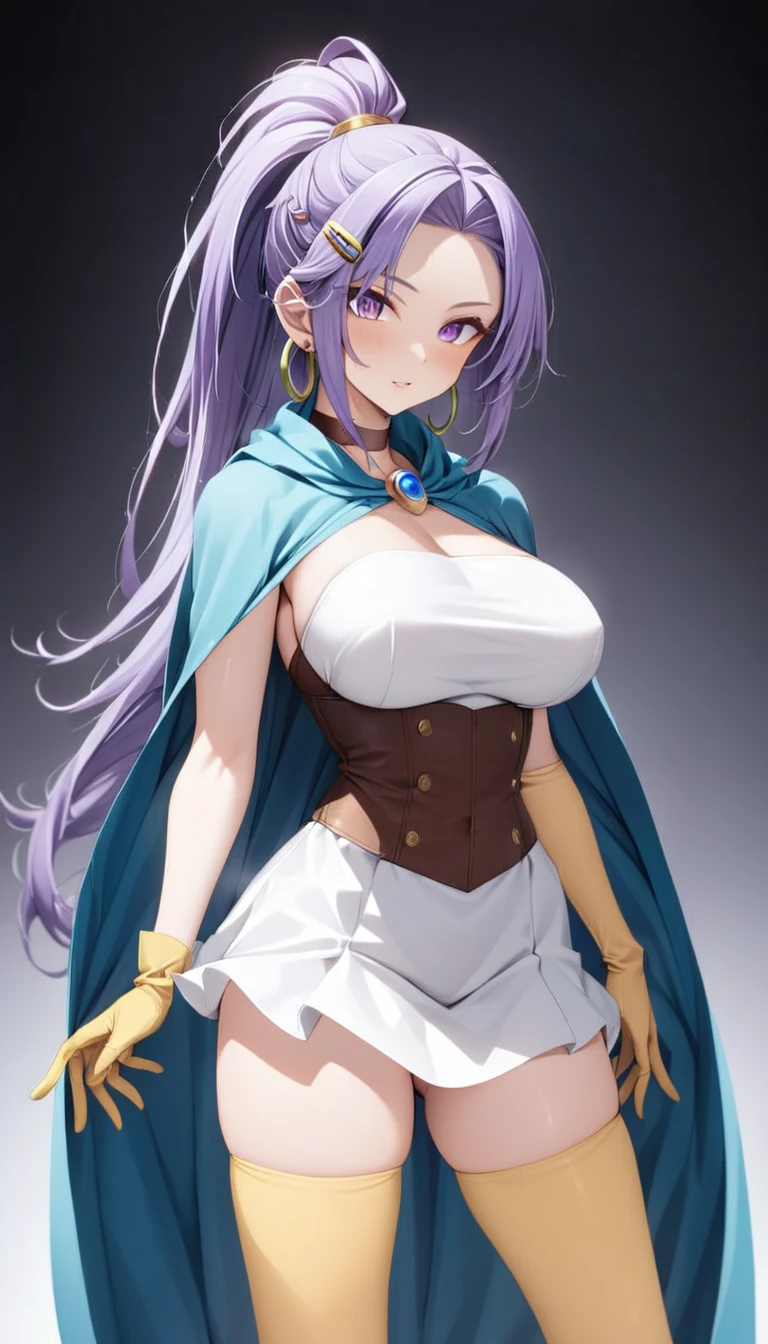 very aesthetic, best quality, intricate, overall detail, 1 girl,intricate, (highly detailed),{{sage (dq3), dragon quest}},purple eyes,straight hair,purple hair,high ponytail,hair slicked back,forehead,hair clip jewelry,wearing a aqua cape and a white dress,large breasts,mini skirt,burgundy corset top,iron choker,green hoop earrings,leggy,yellow glove,yellow thigh-high socks,cowboy shot