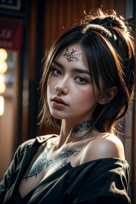 a fierce woman in nude, member of a yakuza family, staring intensely into the camera, yakuza body tattoo, high detail, cinematic...