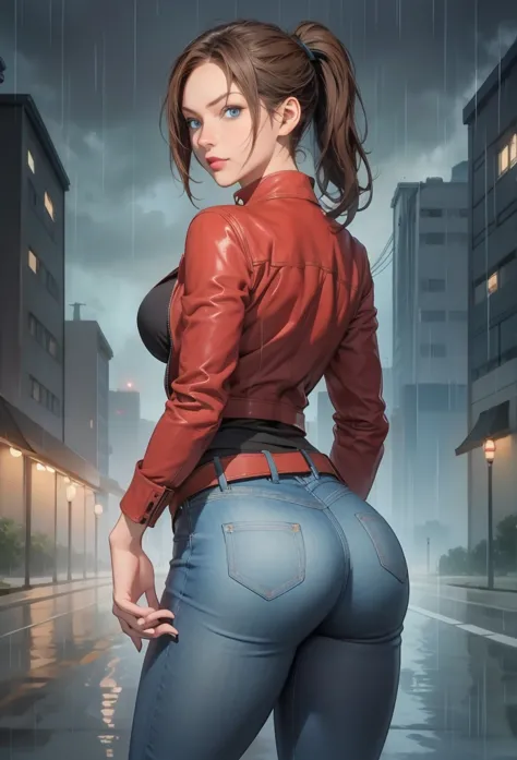 perfect eyes:1.2, detailed eyes:1.4, claireredfield2, brown hair, blue eyes, ponytail, breasts, belt, red jacket, jeans pants, b...