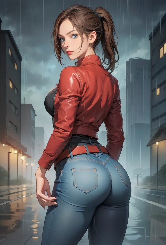 perfect eyes:1.2, detailed eyes:1.4, claireredfield2, brown hair, blue eyes, ponytail, breasts, belt, red jacket, jeans pants, black shirt, rain, dark sky, city, cowboy shot, 1girl, solo, (masterpiece:1.6, best quality), 8k, insane details, intricate details, hyperdetailed, hyper quality, high detail, ultra detailed, professional, HDR, ray tracing reflection, cinematic lighting,