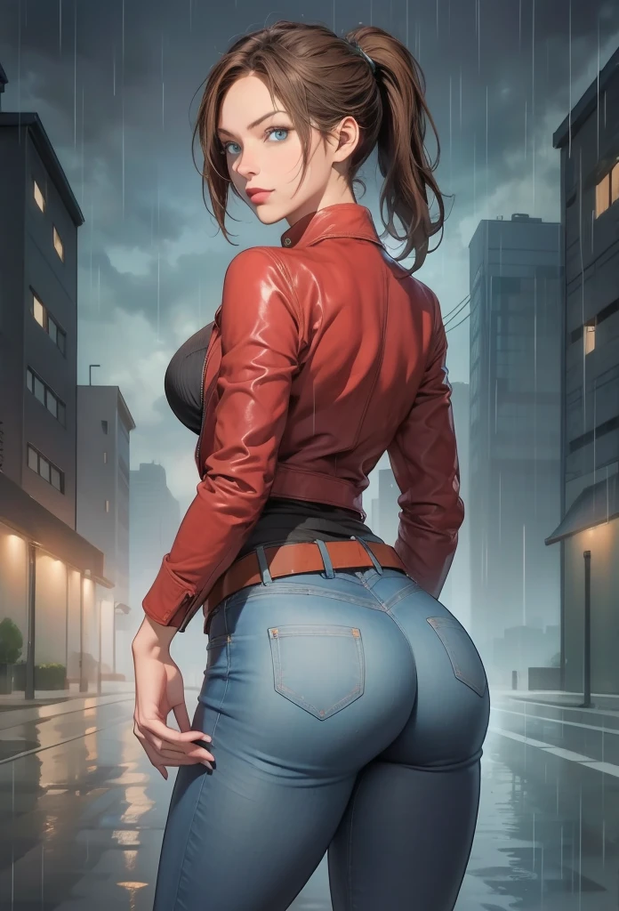 perfect eyes:1.2, detailed eyes:1.4, claireredfield2, brown hair, blue eyes, ponytail, breasts, belt, red jacket, jeans pants, black shirt, rain, dark sky, city, cowboy shot, 1girl, solo, (masterpiece:1.6, best quality), 8k, insane details, intricate details, hyperdetailed, hyper quality, high detail, ultra detailed, professional, HDR, ray tracing reflection, cinematic lighting,