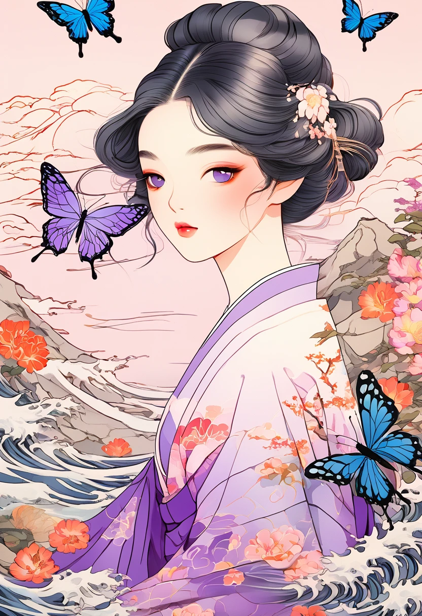 A mesmerizing surreal illustration of a young japanese woman resembling Shinobu Kouchou. She has black hair, purple eyes, a butterfly hair ornament, and wears a vibrant pastel colored maxi dress with floral patterns. She has large breasts and pronounced cleavage. Freckles dot her smooth, warm complexion, and bold, colorful tattoos cover her arms and legs. The tattoos feature traditional Japanese motifs like flowers and mythical creatures, rendered with meticulous detail in a pastel color palette. The background is a vintage floral-patterned wallpaper that complements the artwork's colors. The line work is precise, with delicate shading that gives the illustration a 3D quality. The artwork fuses modern illustration techniques with traditional Japanese aesthetics, resulting in a visually striking portrait,
