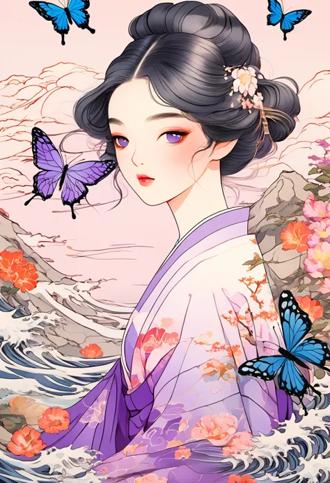 a mesmerizing surreal illustration of a young japanese woman resembling shinobu kouchou. she has black hair, purple eyes, a butt...