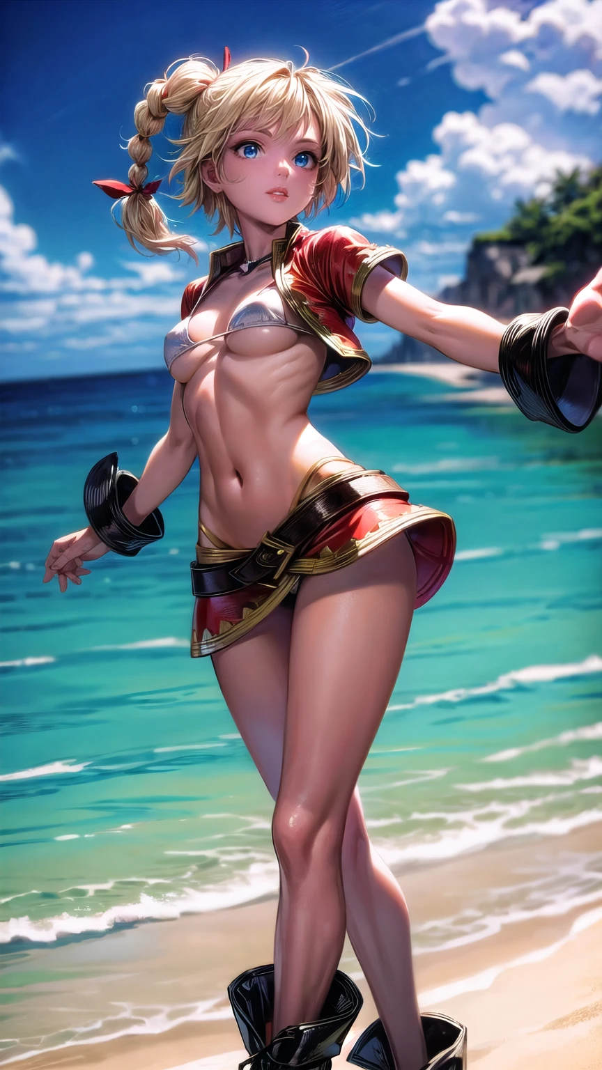 1 adult woman, character "kid" from chrono cross, 20 years old, (mature face), making various facial expressions, yellow hair in a high braided ponytail, (medium-small bust:1.4),standing on white sandy beach, in various fighting poses, fitted jacket 3/4 cropped, white top under jacket, tight fitting micro skirt, loose leather boots, ankle wraps, detailed face, detailed eyes, detailed lips, highly detailed, 8k, ultra-detailed 90s era anime style, cinematic lighting, vivid colors, dramatic shadows, masterpiece, award winning art, wide angle, (full length portrait), strong_negative, micrsk3rt, bikini underboob, navel, no bra 