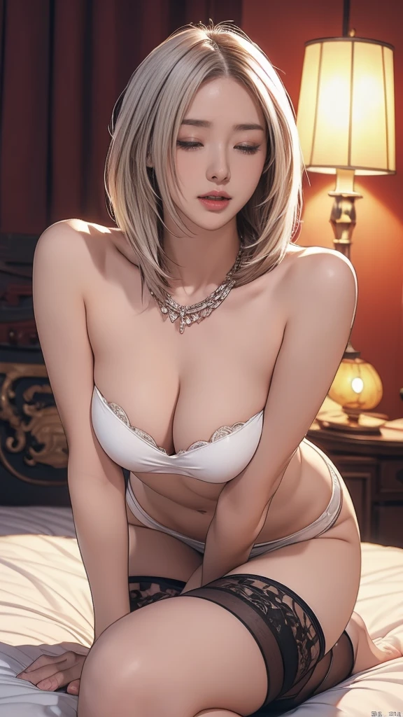 (masterpiece, best quality), Sexy female princess wearing bikini，big ear,Black necklace hanging around the neck:1.0. Immersed in a medieval fantasy world:1.0、Lying in bed:1.5, Short straight hair:1.5, night, Detailed aspects, seduce 、Large Breasts、Big Ass、Wide waist、 full-body shot:1.7(Wearing sexy fantasy world attire:1.3)white hair color:1.5 ((Feel pain:1.0))((Very comfortable，Want to moan:1.3)) Show armpits：0.1 
((Mouth slightly open and screaming for help:1.0)) ((close eyes:1.3))
((Sexy and slut pose:1.5)) eyebrows curved downward：1.2、wear high heel shoes:1.6 transparent black stockings:1.6