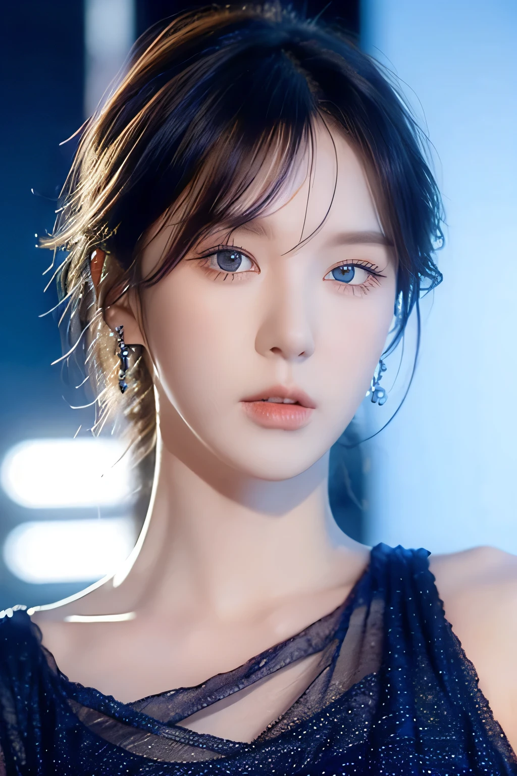 Wendy rv, blue satin dress, blue short hair, beautiful detailed eyes, beautiful detailed lips, extremely detailed face, longeyelashes, elegant pose, dramatic lighting, cinematic, chiaroscuro, dramatic shadows, moody, atmospheric, photorealistic, 8k, best quality, masterpiece, ocean background